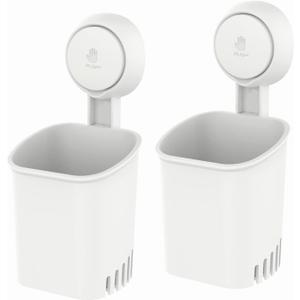 LEVERLOC Powerful Suction Toothbrush Holder, Removable Drill-Free Wall Shower Holder for Toothbrush, Toothpaste, Razor, Self-draining Suction Cup in Shower, Kitchen Tableware Organizer, White, 2 Pack