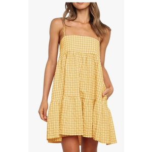 Womens Summer Plaid Mini Dress Casual Spaghetti Strap Sleeveless A Line Beach Sundress with Pockets, M