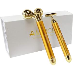 Amirce Face Massager Roller Golden 3D Roller Electric Facial Roller and T Shape Facial Roller Massager Kit Face Roller