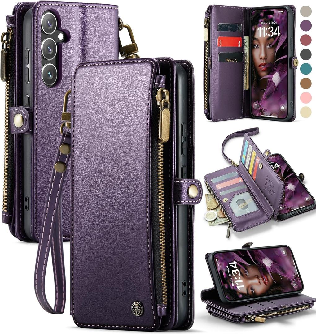 Defencase Compatible with Samsung Galaxy S24 FE Case Wallet with RFID Blocking Card Holder for Women Men, PU Leather Magnetic Snap Flip Zipper Strap Wallet Phone Case for Galaxy S24 FE 5G 6.7", Purple