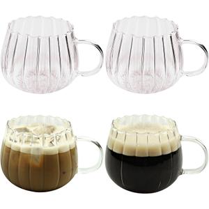 Thanksgiving Christmas Pumpkin Mugs 14 oz Glass Coffee Mugs Set of 4, Drinking Glasses with Transparent Handle, Clear Glass Cups for Hot or Cold Drinks like Cappuccino, Latte, Cocoa, Milk, Tea