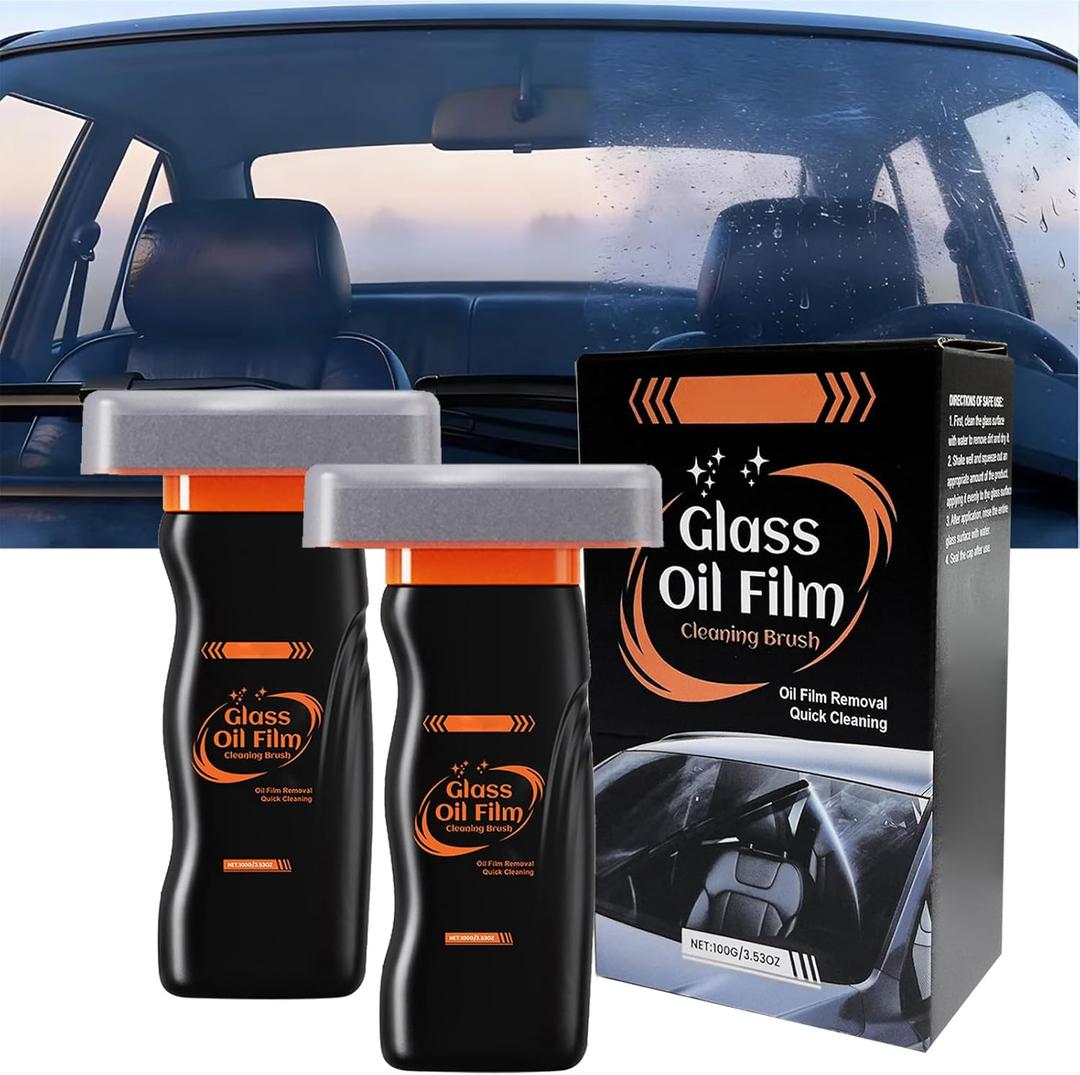 Glass Oil Film Remover for Car Windshield, Roll-On Glass Cleaning Compound with Cleaning Board, Removes Smudges & Residue, Restores Clear Visibility (2 Pack)