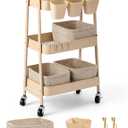 3-Tier Rolling Utility Cart with 4 Woven Baskets, Diaper Book Snack Cart, Storage Organizer for Nursery, Kitchen, Craft Room, Home SPA, Living Room, Metal Frame Trolley on Lockable Wheels, Brown