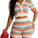 cu4eve Crochet Sets Two Piece Women Summer Causal Knit Short Sleeve Button Down Shirt and Shorts Matching Set Jumpsuit S