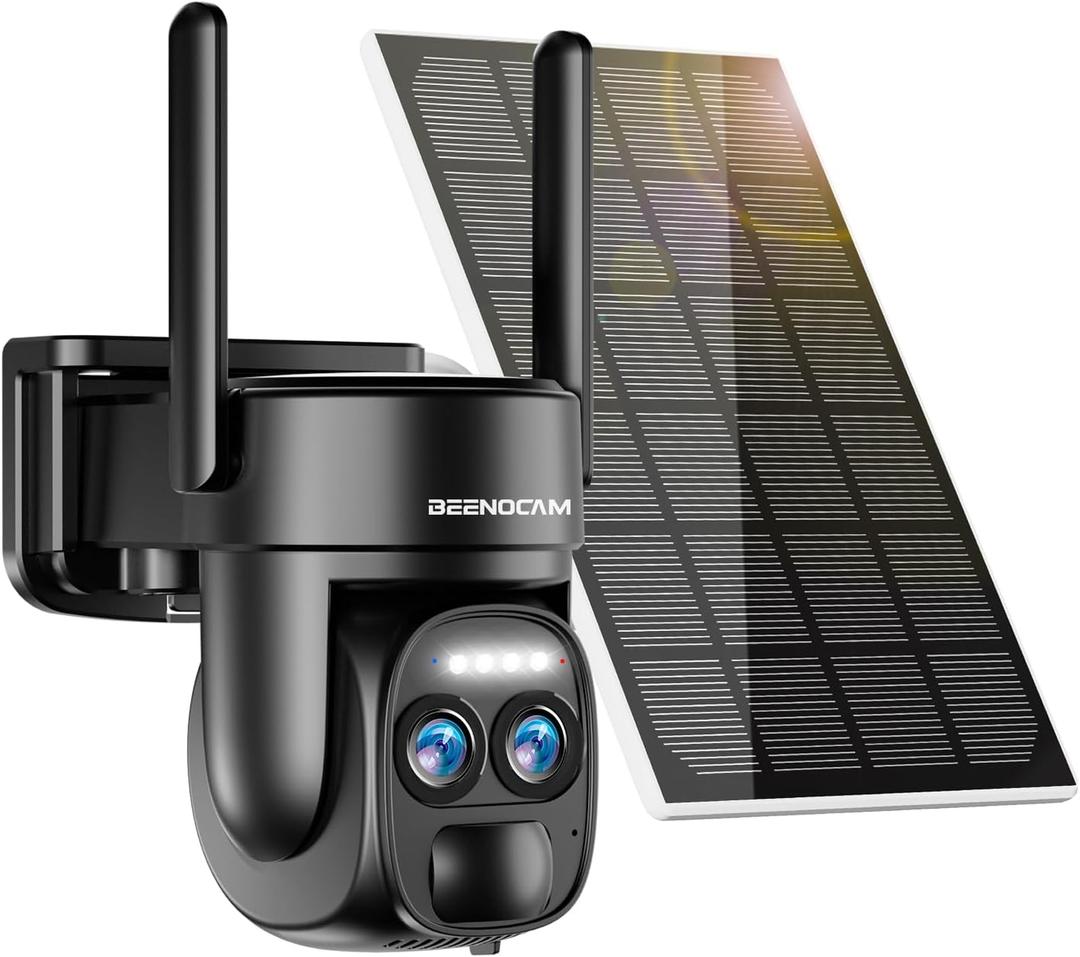 4K Dual Lens Solar Security Cameras Wireless Outdoor, 2.4G/5Ghz WiFi 6 Security Camera, 355 Pan/Tilt Home Security Camera with 8MP Color Night Vision, PIR Motion Detection, Auto Tracking, Alexa