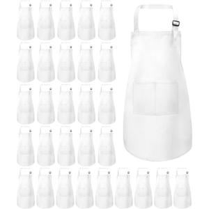 30 Pcs Kids Apron Bulk Adjustable Children Bib Aprons with Pockets for Girls Painting Kitchen Cooking Baking (White, L) 30 Pcs Kids Apron Bulk Adjustable Children Bib Aprons with Pockets for Girls Painting Kitchen Cooking Baking (White, L)