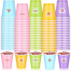 Yinkin 100 Pcs 2 oz Valentine's Day Cups Bulk Mini Conversation Heart Cups Small Plastic Candy Heart Shot Glasses with Stickers Valentine's Day Drinkware for Wedding Birthday Party Supplies