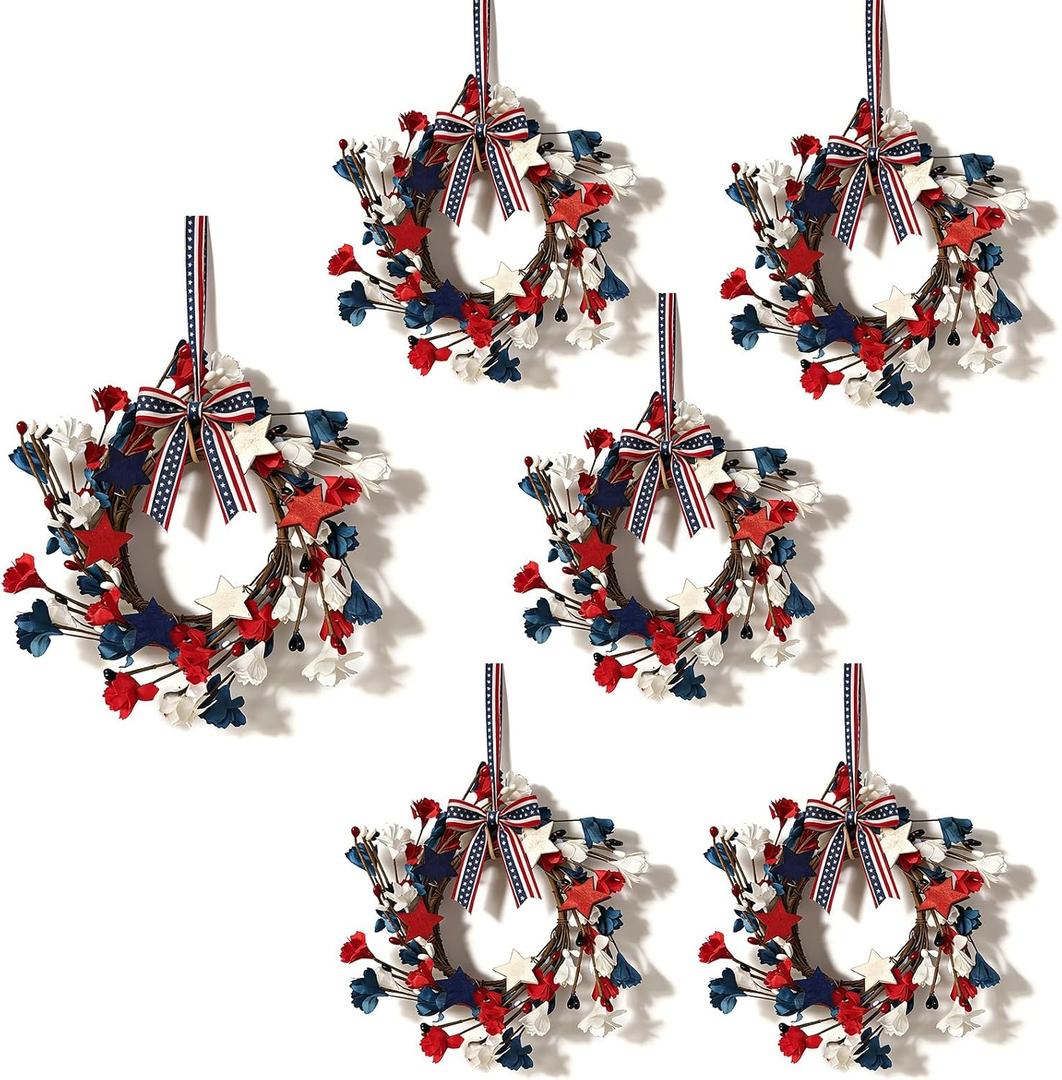 6 Pcs Mini 4th of July Hanging Wreaths for Cabinets Patriotic Red White and Blue Artificial Candle Ring Wreath Pillar Candle Holder Wreath for Farmhouse Independence Day Memorial Day Porch Front Door
