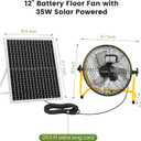 12" Solar Rechargeable Floor Fan, 35W Solar Powered Battery Operated Fans for Outdoor Garden Greenhouse Barn Stable Camping Garage Patio Air Circulation Cooling