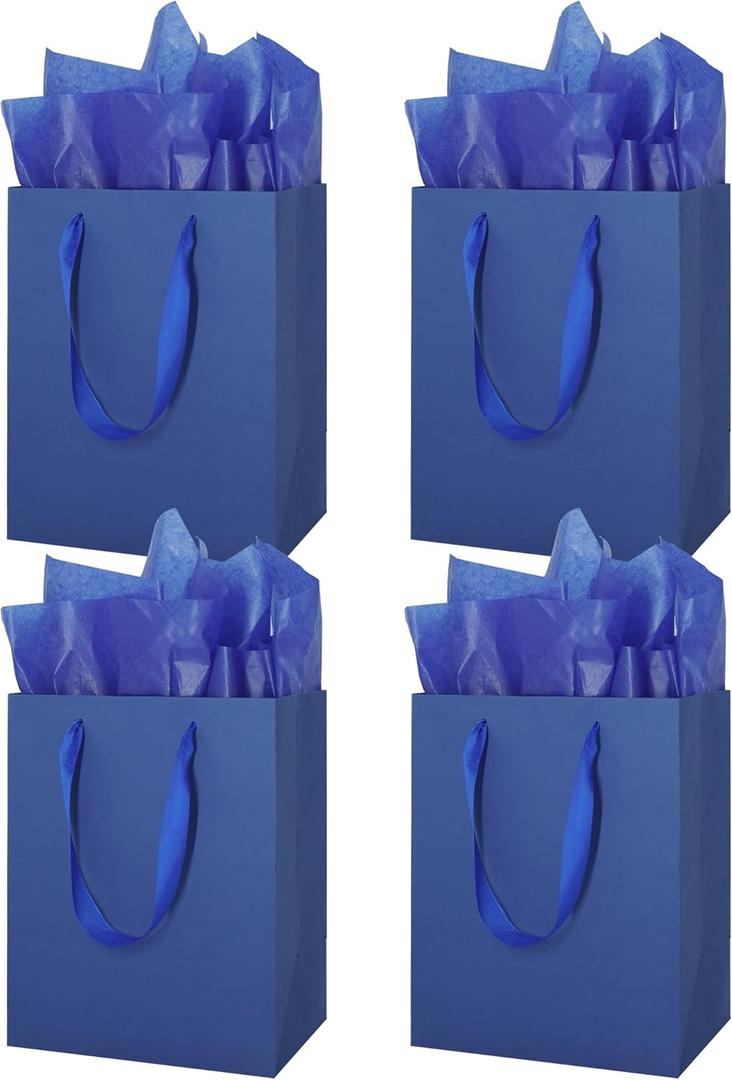 MOXARYSU 4 Pcs Medium Blue Gift Bags: 8x5x10 Inches Gift bags With Handles Party Favor Bags With 8 Tissue Paper For Party,Birthday,Baby Shower,WeddingBlue