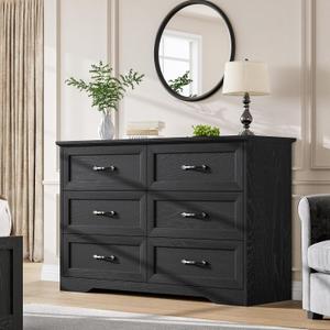 GarveeHome 6 Drawers Dresser for Bedroom, Chest of Drawers with Wide Metal Handle, Farmhouse Modern Wooden Dresser, Natural Texture, Storage Organizer for Bedroom, Living Room, Kids Room(Black), 15.7"D x 47.2"W x 30.7"H