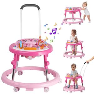Baby Walker, Activity Center with Feeding Tray & Music, 9-Gear Height Adjustable Foldable Baby Walker for Boys and Girls from 6-18 Months with Push Handle, Footrest, Mute Wheels Anti-Rollover (Rose pink)