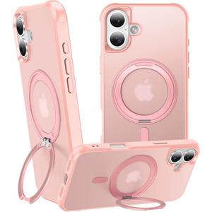 360 Magnetic Swivel Ring for iPhone 16 case, Built-in Metal Stand and Ring Holder, Magsafe Compatible, Military Grade Protection, Shock and Vibration Resistant - Pink