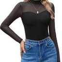 Avidlove Long Sleeve Bodysuits for Women Mock Neck Sheer Mesh Sleeve Bodysuit Double Lined Leotards Shirt Going Out Top (X-Large, Black)