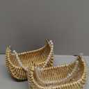 2 Pcs Rattan Flower Girl Basket with Pearl Handle Small Half Moon Wicker Basket for Wedding Flower Girl Picnic Garden Storage and Home Decor (Light Brown)