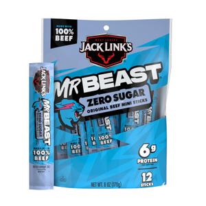 Jack Links x MrBeast Zero Sugar Mini Beef Sticks  6g Protein per 2 Individually-Wrapped Meat Sticks, Made with 100% Real Beef, Perfect for School Lunches, Kids Snacks, 12 Count of 6 oz Sticks