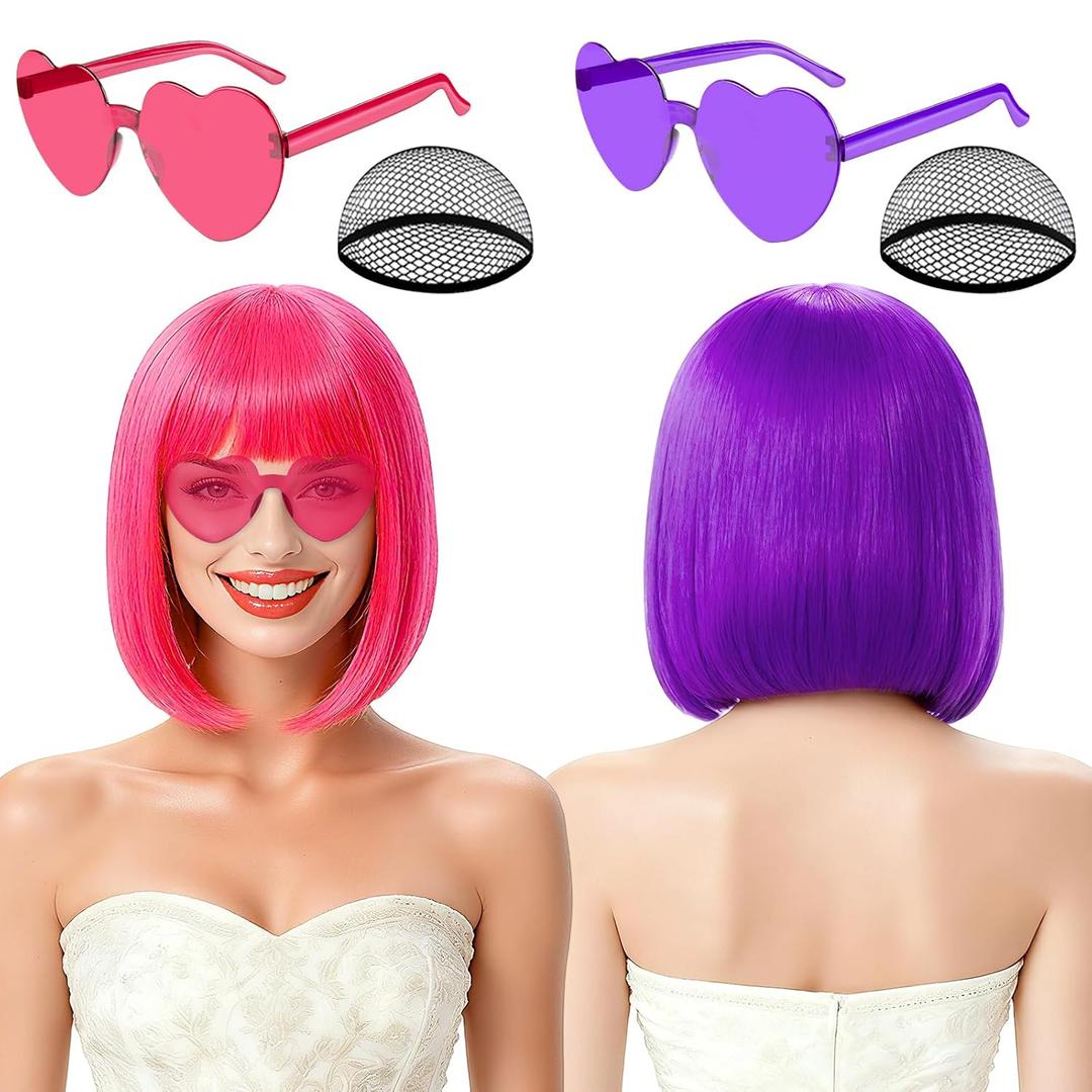 2 Pack Colored Bob Wigs and Heart Sunglasses Set, Purple Hot Pink Short Straight Bob Wig with Bangs Neon Party Colorful Synthetic Hair for Women Men Halloween Costume Bachelorette Party Favors