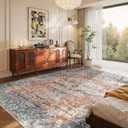 Orange 5x7 Area Rugs for Living Room Bedroom, Washable Rug, Coral Vintage Retro Boho Rug, Non Slip & Low Pile Carpet for Indoor Dining Room, Kids Room, Nursery Room(Coral Blue 5x7ft)