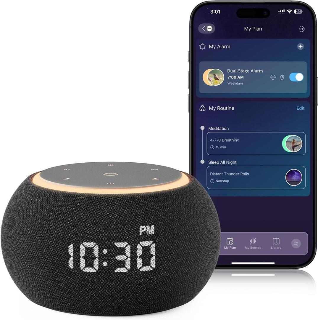 Hotmoon Alarm Clock with Sound Machine for Sleep, Luna Pro Dual-Stage Alarm, 507 Non Looping Sounds, Smart Night Light & Timer, Pink Green Brown White Noise Machine for Sleeping Adult Office Plug in (Medium, Black)