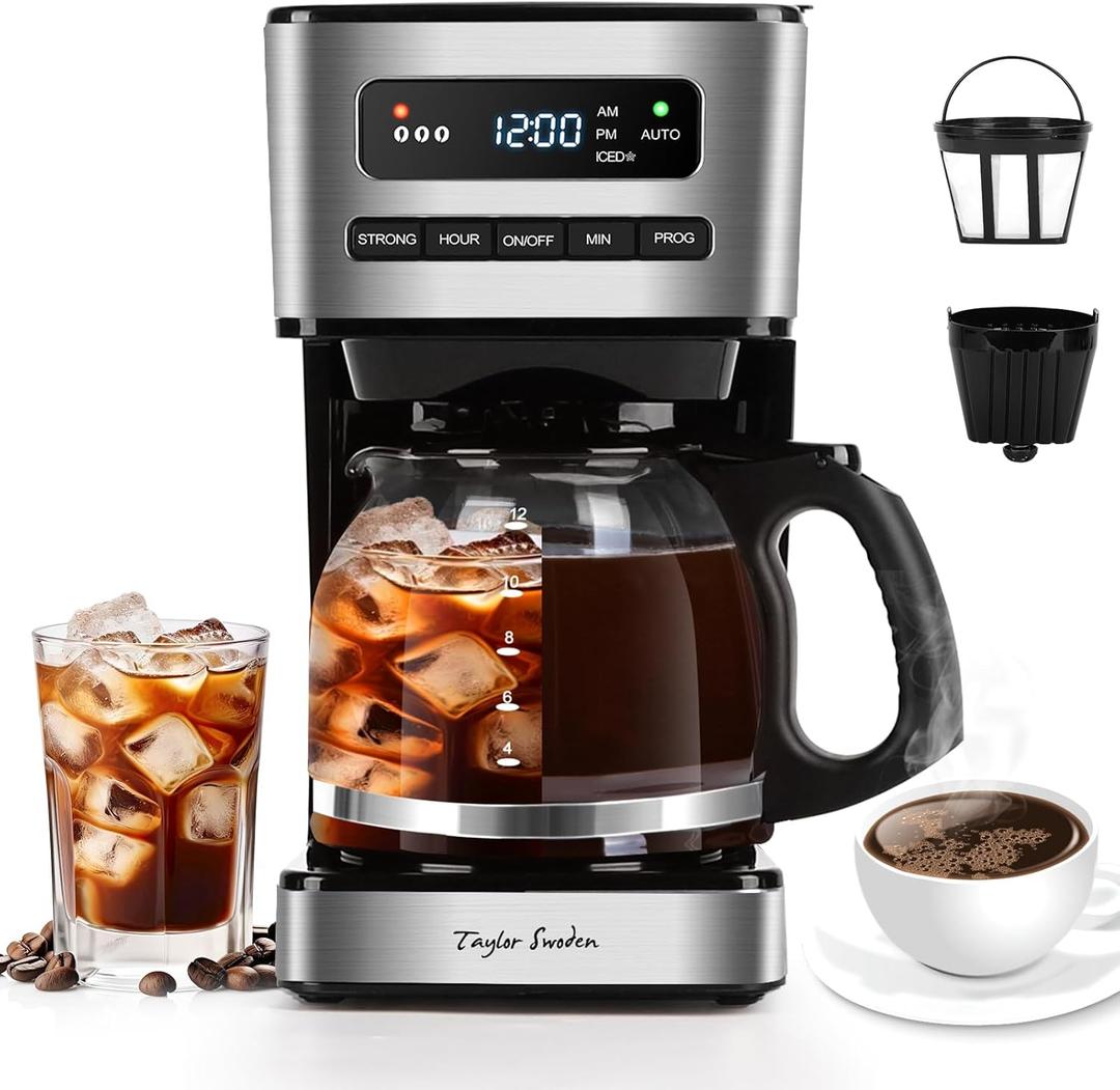 Taylor Swoden Programmable Coffee Makers 12 Cup, Hot and Iced Coffee Maker, 4 Brew Strength, LED Display, 24H Timer, Keep Warm & Auto Shutoff- Drip Coffee Machine for Home/Office, Black &Stainless Steel