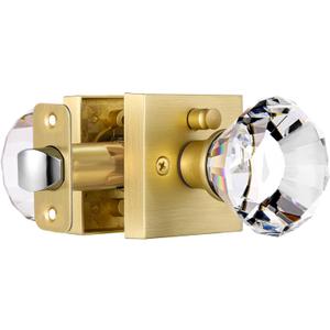 Square Glass Crystal Door Knobs Interior, Bedroom and Bathroom Privacy Satin Brass Gold Door Knobs with Lock, Diamond Shape Keyless