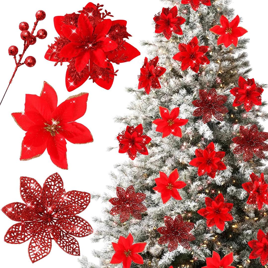 Floweroyal 30pcs Poinsettia Artificial Christmas Flowers Decorations with Clips and Berry Stems Glitter Ornaments for Christmas Tree Wreath Fireplace Stairs Decor (Red-3 Styles)