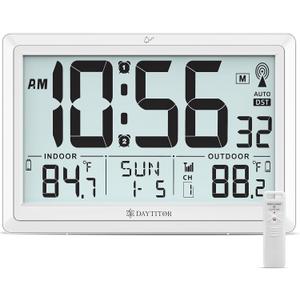 Atomic Clock Wall with Indoor/Outdoor Temp, Battery Operated Digital Wall Clock with 10.5" Large LCD Display, 330ft Range Desk Table Clock with Alarm, DST, Calendar for Living Room Bedroom, White