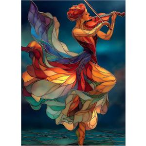 PICKFORU Stained Glass Puzzle Elegant Lady Puzzles for Adults 1000 Pieces, Beautiful Woman Playing Violin Dance Jigsaw Puzzle, Colorful Aesthetic Art Challenging Puzzles for Adults