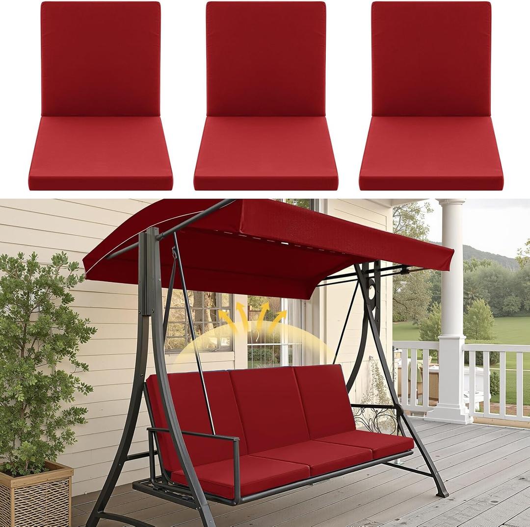 Sintuff 3 Seat Outdoor Porch Swing Cushions, Water-Resistant Swing Cushions Replacement with Anti-Slip Design, Porch Bench Cushion Liner and Cover 2 in 1 for Patio Garden, Chair Not Include(Red)