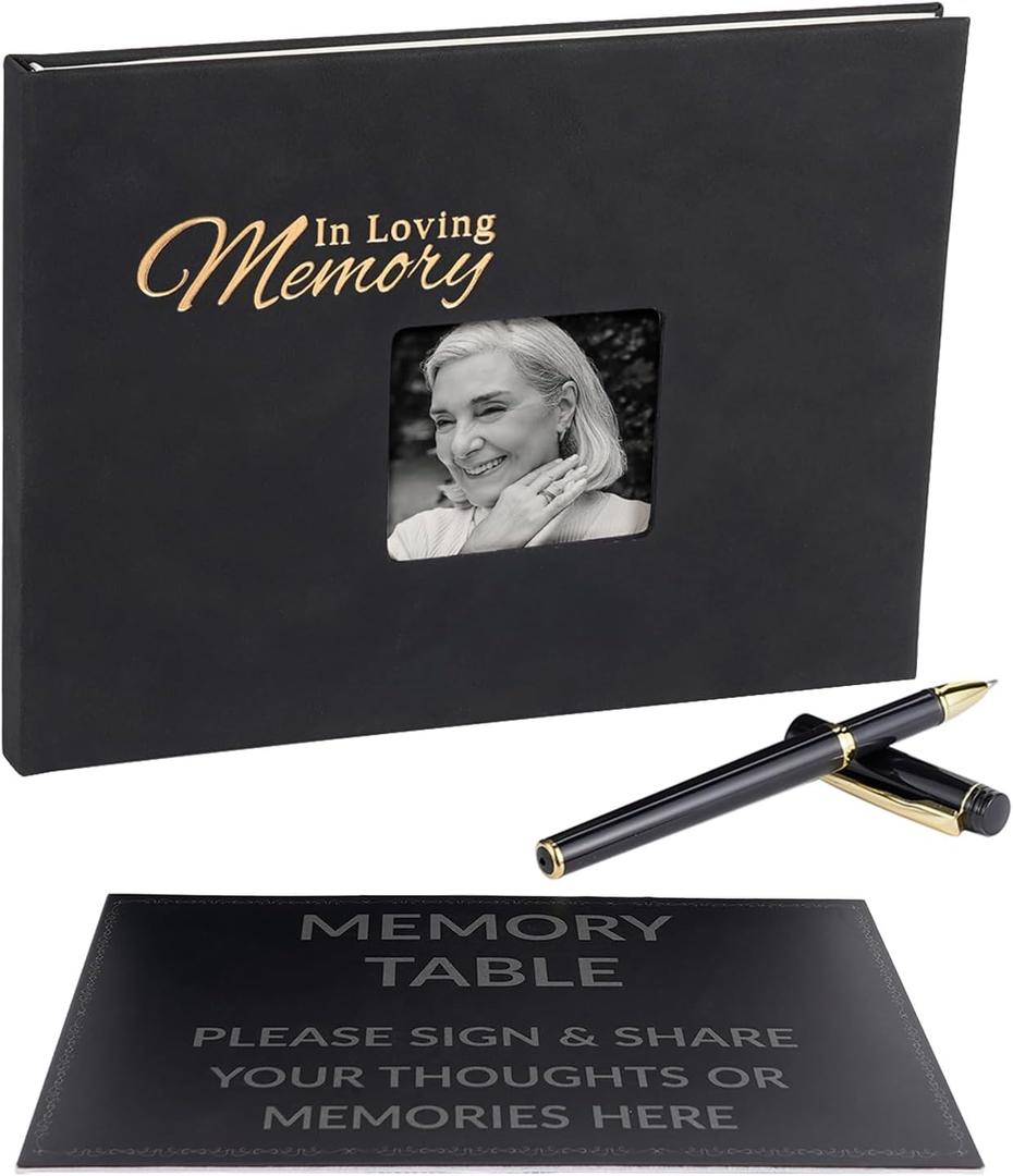 Funeral Guest Book for Memorial Service, Hardcover in Loving Memory Guest Book Set with Pen & Sign, 88 Pages Memory Book for Celebration of Life, Keepsake Condolence Book for Loved One (Photo Frame)