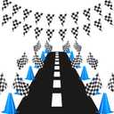 Skylety Traffic Cones and Racing Checkered Flags Set-include 12 Plastic Traffic Cones,12 Flags with Sticks,31 ft Checkered Pennant Banner and 9.8 x 2 ft Racetrack Floor Running Mat (Blue)
