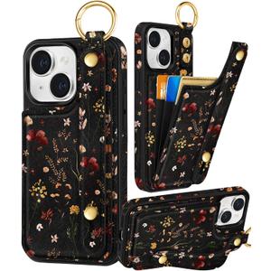 Petitian for iPhone 15 Case with Wallet - Women Girls Cute Girly Aesthetic Unique Design with Leather Credit Card Holder Cardholder Stand Wristband for Apple 15, Grow Flower