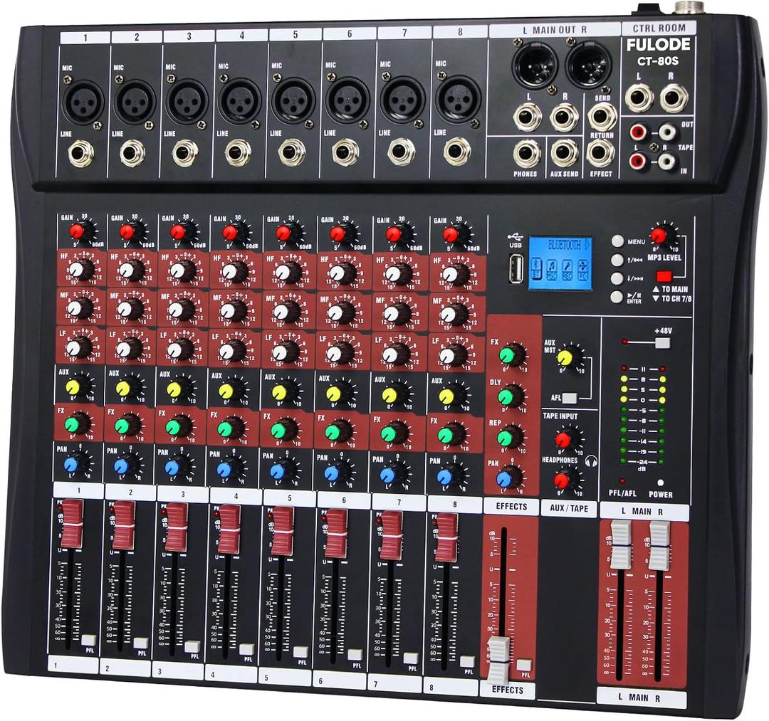 FULUODE Audio Mixer 8 Channel, CT-80S Professional Sound System Mixer Board DJ Mixing Console with Reverb MP3 Player Bluetooth 48V Phantom Power Supply USB Recording for Studio Karaoke Live Music