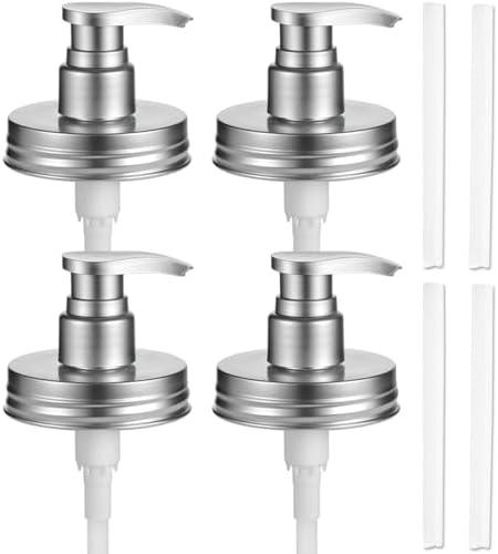 Amolliar Plastic Mason Jar Soap Dispenser Lids - Universal Pump Replacement for Regular Mouth Jar Farmhouse Decor for Kitchen, Bathroom, Dish Soap, Lotions, Hand Soap (4 Pack, Silver)