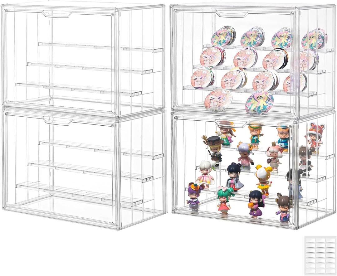 Clear Acrylic Display Case Upgrade 4 Tier Figure Display Case with 3 Movable Dividers, Stackable Display Box Showcase with Magnetic Door for Collectibles (Large-4pack)