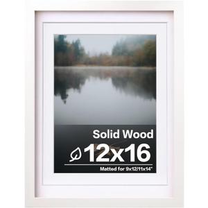 Egofine 12x16 Picture Frame White Covered by Plexiglass Made of Solid Wood, Display Pictures 9x12 and 11x14 with Mat or 12x16 Without Mat for Wall Mounting