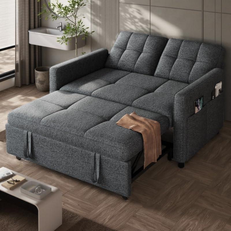 DWVO 55" Convertible Sofa Bed, 3-in-1 Sleeper Sofa with Pull-Out Bed, Linen Futon Couch with Adjustable Backrest and Side Pocket, Modern Loveseat for Living Room Apartment, Grey