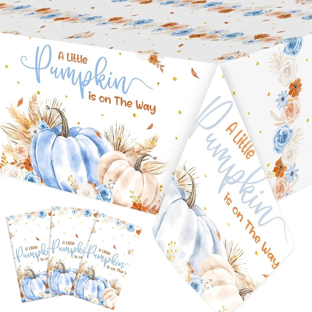 Ganeen 3 Pcs Blue Little Pumpkin Tablecloths, Fall Baby Shower Decoration, 53.94 x 107.87 inches