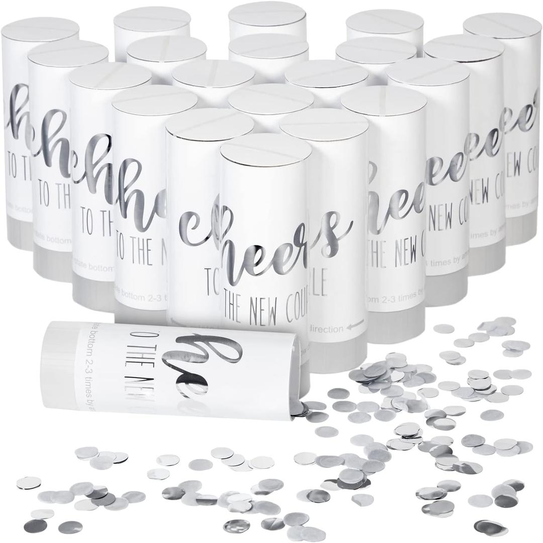 Sparkle and Bash Wedding Confetti Wands - 1.5 x 4.2 In, 20 Pack, Silver & White - Metallic Foil Dispenser for Send Off, Bridal Shower, Reception & Engagement Party