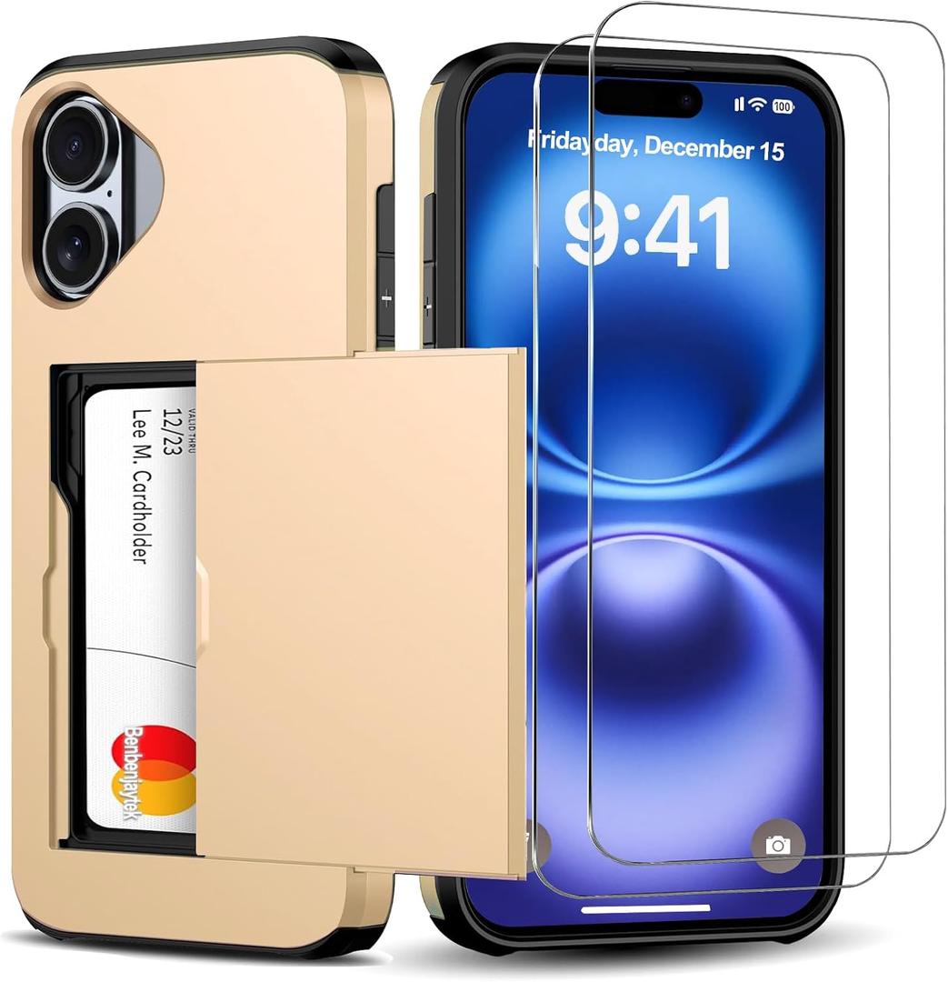 for iPhone 16 Wallet Case with Card Holder + 2 Tempered Glass Screen Protector Protective Dual Layer Shockproof Hidden Card Slot Slim Case Women Men iPhone 16 6.1 inch 2024 (Gold)