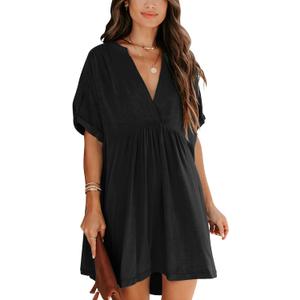 Minclouse Women's Babydoll Short Sleeve Tunic Dress V Neck Cute Casual Loose Dresses (Black, S)