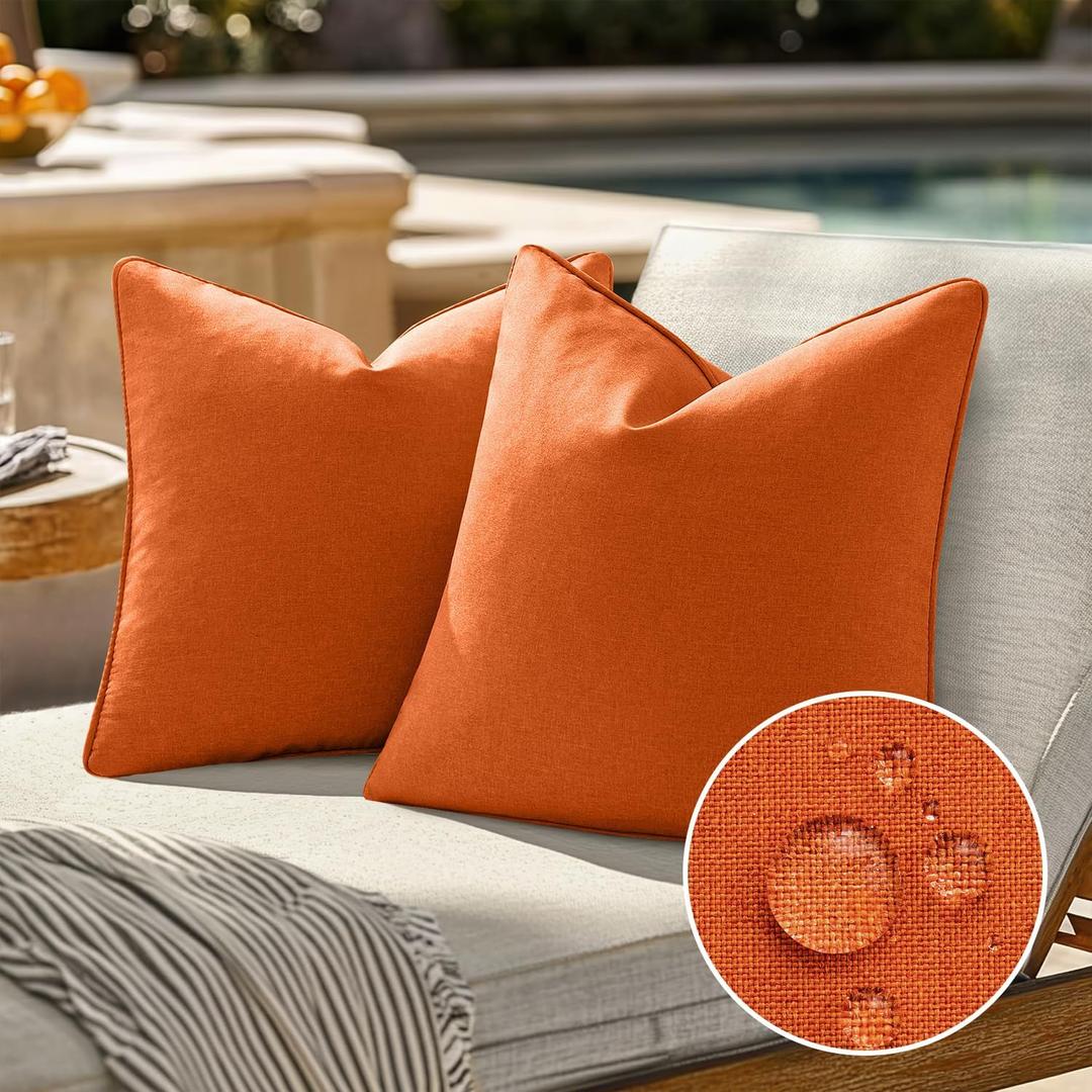 EMEMA Pack of 2 Decorative Outdoor Waterproof Throw Pillow Covers 18x18 Inch Solid Broadside Soft Outside Pillowcase Classic Cushion Cases for Patio Furniture Sunbrella for Balcony Decor Orange