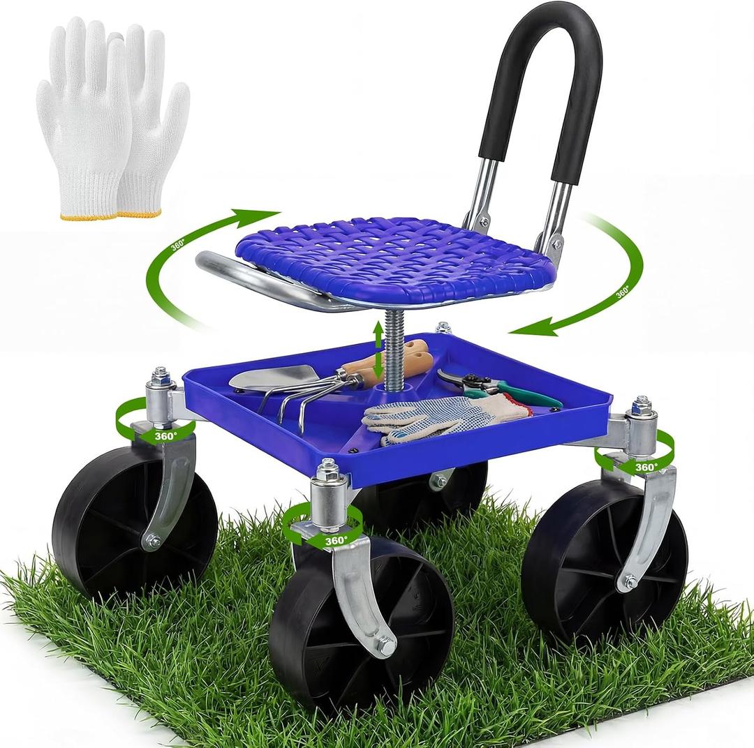 Heavy-Duty 360 Swivel Rolling Garden Seat, 330 lbs Capacity, Height Adjustable 20-24 in, with Work Gloves for Weeding, Planting, Car Detailing