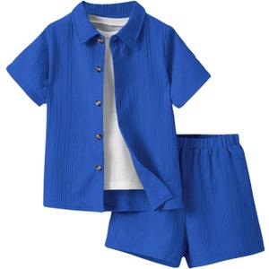 SweatyRocks Boy's 2 Piece Outfits Short Sleeve Collar Button Down Shirt and Shorts Clothing Set (Blue) SweatyRocks Boy's 2 Piece Outfits Short Sleeve Collar Button Down Shirt and Shorts Clothing Set (Blue)