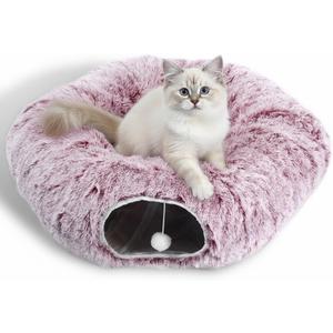 AUOON Cat Tunnel Bed for Indoor Cats - Large Cat Donut Tunnel with Hanging Ball Toy, Collapsible 2-in-1 Multifunctional Interactive Cat Toy for Kitten, Puppy, Rabbit, Ferret (Rosiness)
