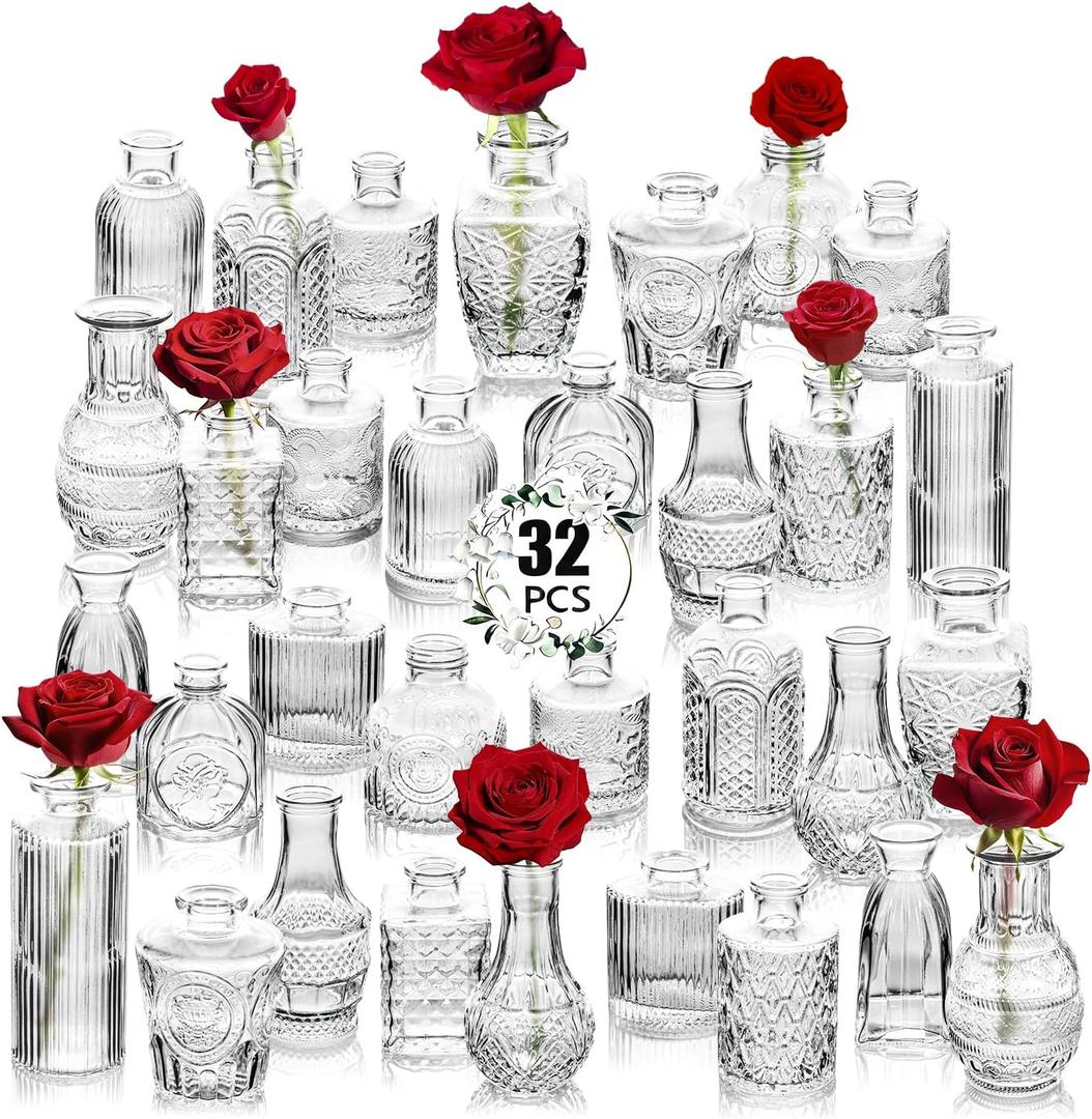 Clear Glass Bud Vase Set of 32 Pcs,Small Bud Vases in Bulk,Glass Crystal Flower Vases Table Centerpieces for Party Event Wedding Decor Baby Shower Decorations (Clear, 32 Pcs)