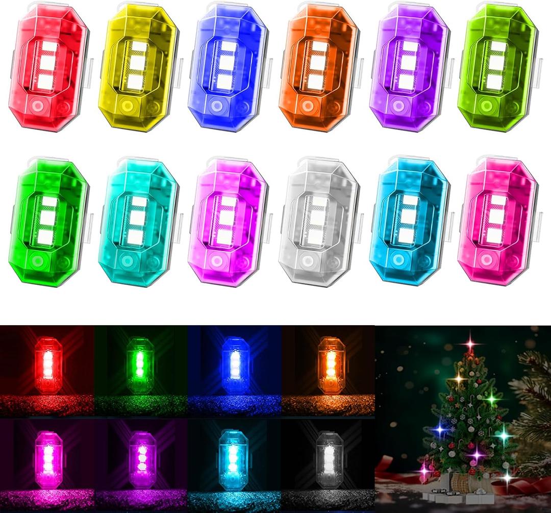 12pcs High Brightness Wireless LED Lights For Car, With Remote Control, 8Colors Multi-Mode LED Strobe Lights Waterproof Anti-Collision Emergency Warning Light, Underglow For ebike Aircraft Motorcycles