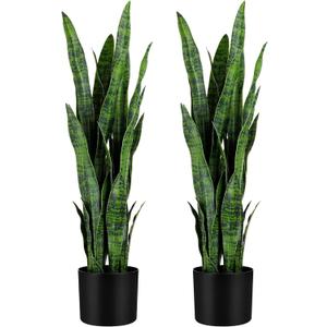 KOL 3ft 2-Pack Artificial Snake Plant - 32 Thick Lifelike Leaves, Faux Silk Sansevieria for Indoor Home & Garden Decor, 35in Potted Fake Mother-in-Law's Tongue Plants, Green