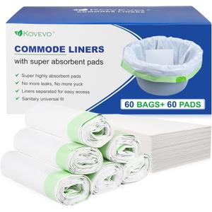 Kovevo 60 Pack Commode Liners with Absorbent Pads, 60 Bedside Commode Liners and 60 Commode Pads, Portable Toilet Liners for Commode Bucket | Universal Fit | Make Cleanup Simple