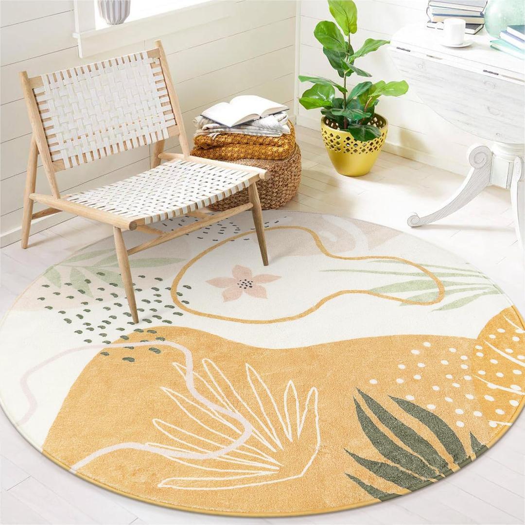Lahome Boho Round Area Rug 4Ft - Washable Non-Slip Kitchen Rug, Bedroom Carpet, Ultra-Thin Soft Cute Nursery Kids Room Rug, Botanical Print for Dorm Bathroom Classroom Entryway (Taupe)